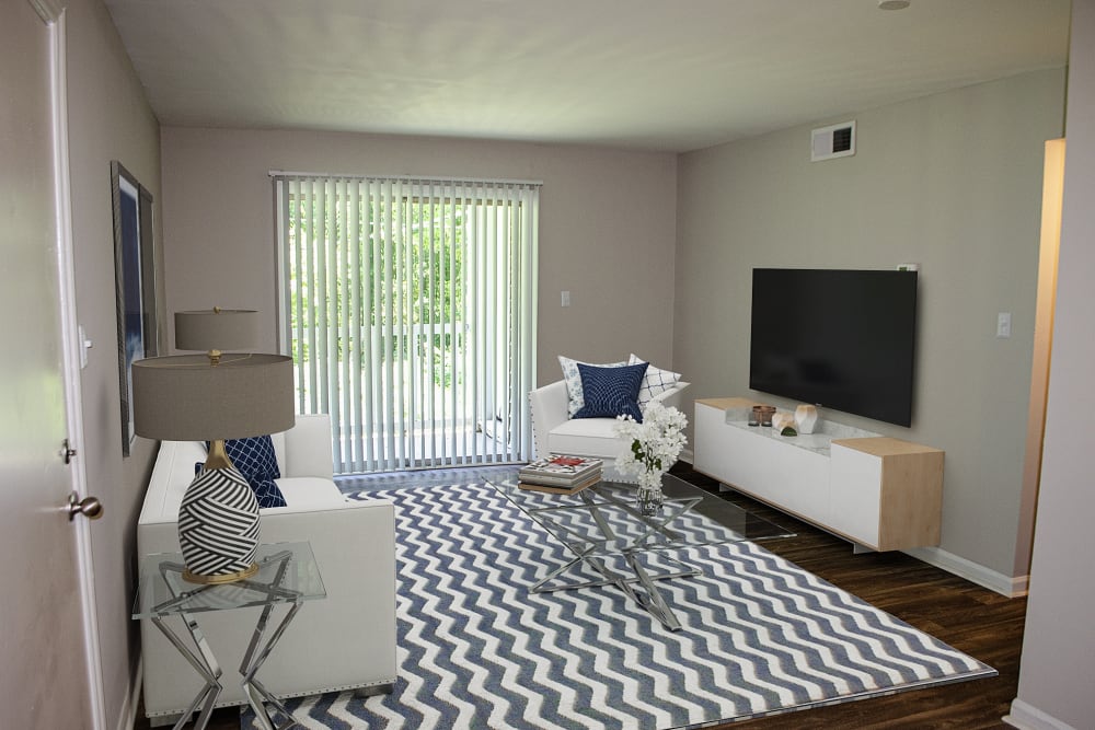 A furnished apartment living room at Georgetowne Woods in Gastonia, North Carolina