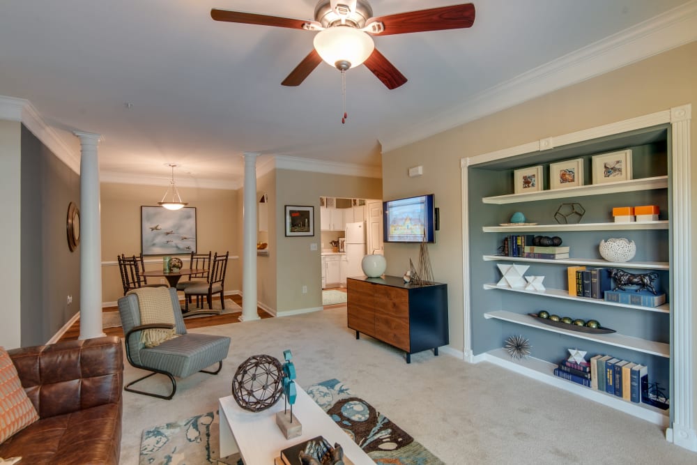 Living room with built in bookcase at Legacy at Meridian in Durham, North Carolina