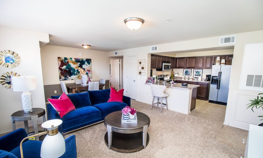 Bright and open living room and dining table at Tuscany Place in Lubbock, Texas