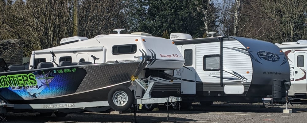 A boat and RVs stored at I-205 Mini Storage in Vancouver, Washington