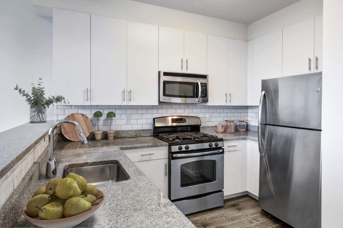 Stainless-steel appliances in an apartment kitchen at 111 Harbor Point in Stamford, Connecticut