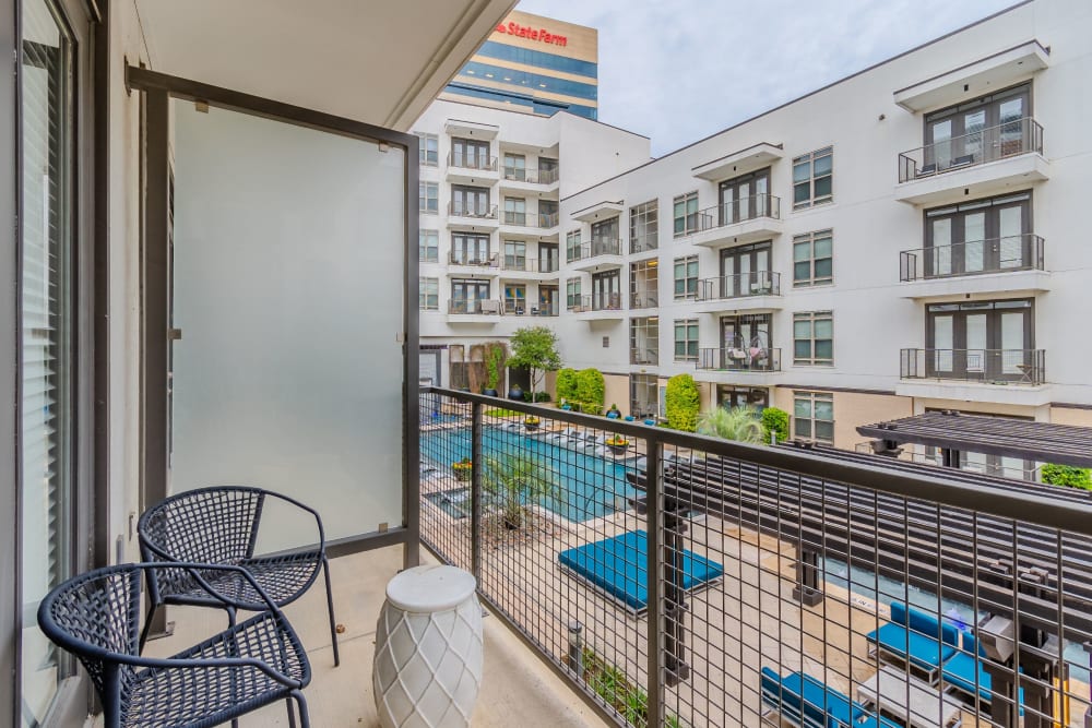 Private balcancy in unit overlooking courtyard at Anthem Cityline in Richardson, Texas