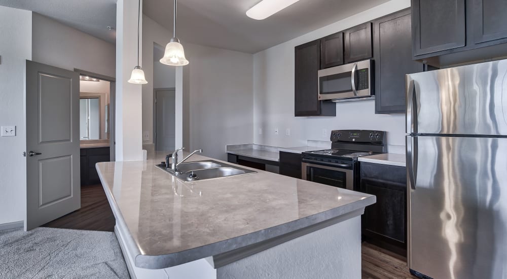 Kitchen with stainless-steel appliances at Bridgeway Chattanooga in Chattanooga, Tennessee