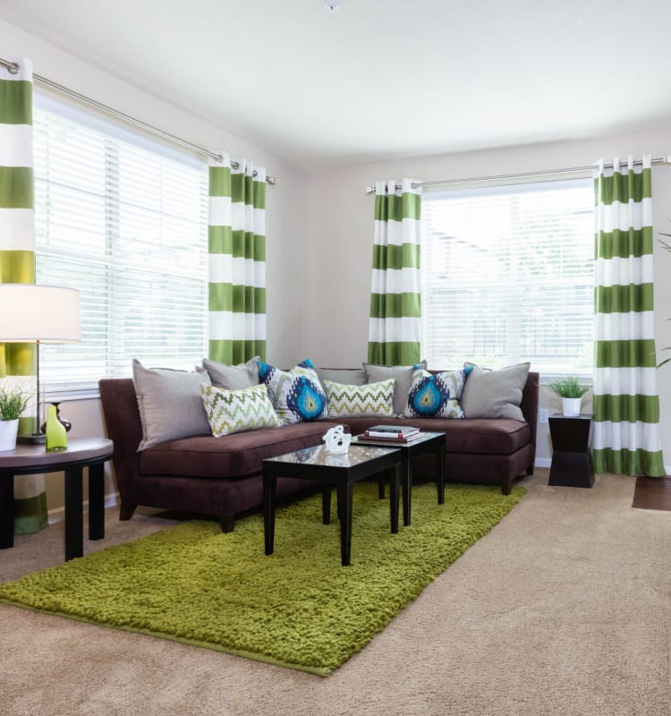 Spacious living room in an apartment at The Jones in Hillsboro, Oregon
