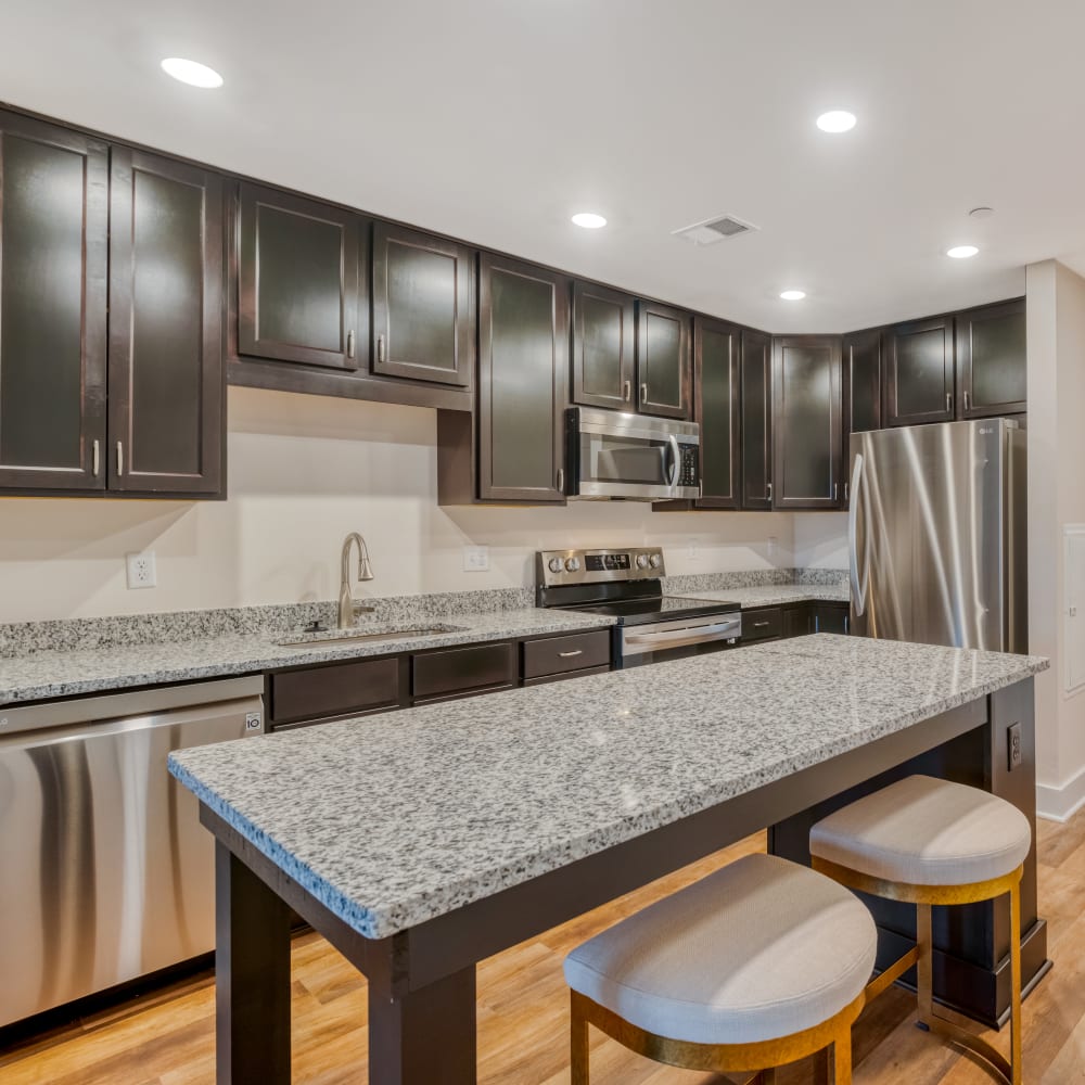 Kitchen with stainless-steel appliances at Fox Plan Apartments, Monroeville, Pennsylvania