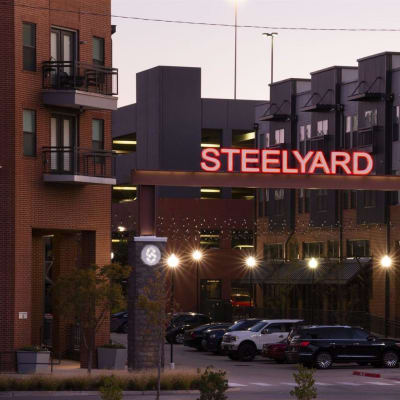 Main entrance to Steelyard at twilight