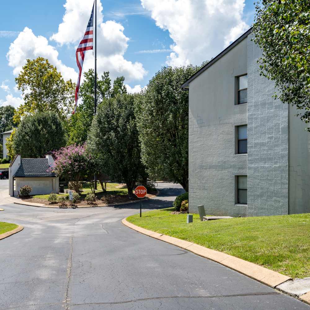 Apartments with flag area at Germantown Gardens in East Ridge, Tennessee