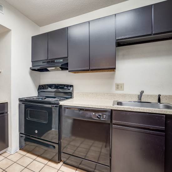 Modern kitchen with stainless-steel appliances and dishwasher at Germantown Gardens in East Ridge, Tennessee 