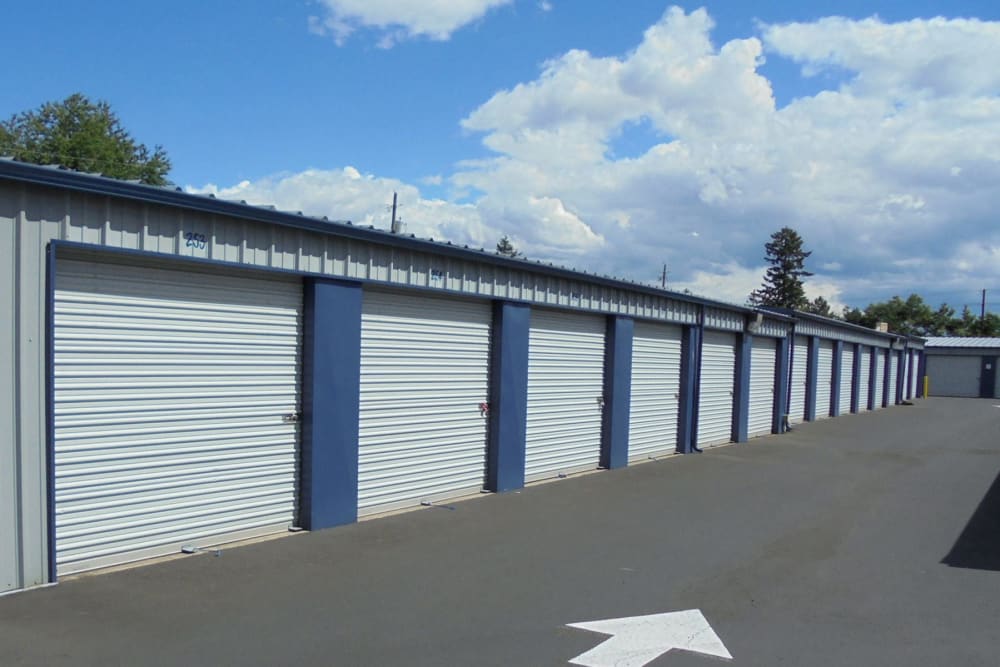 A wide driveway between storage units at East Vancouver Self Storage in Vancouver, Washington