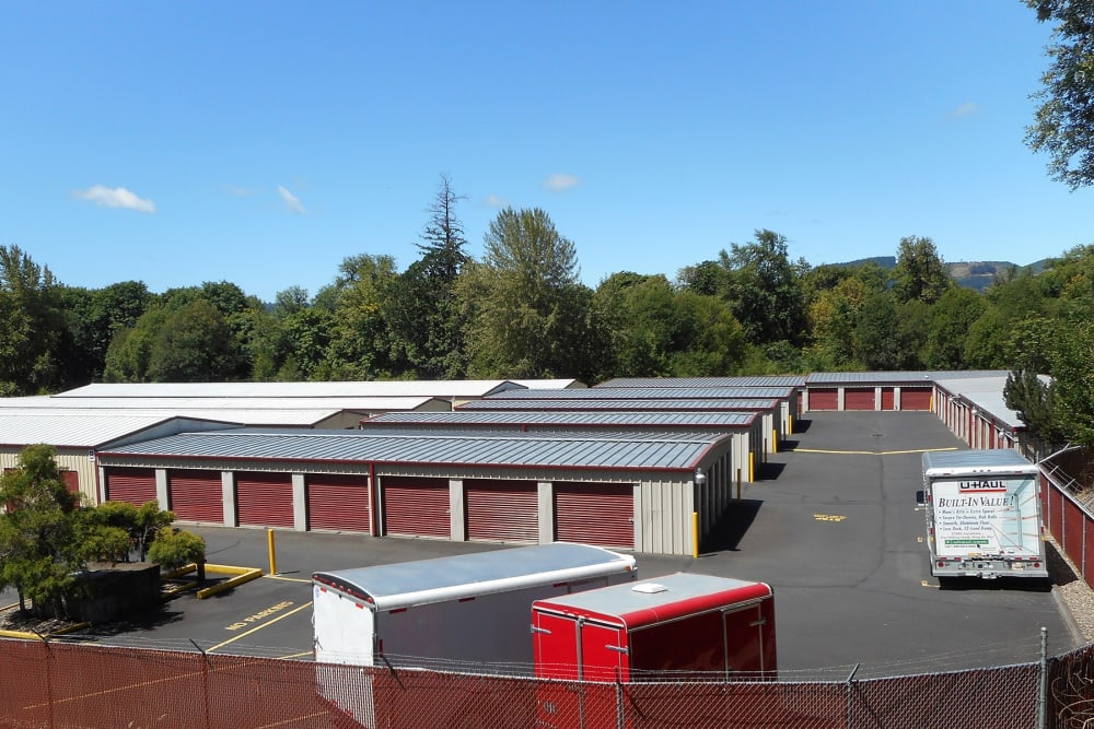 Wide driveway between storage units at B Street Self Storage in Forest Grove, Oregon