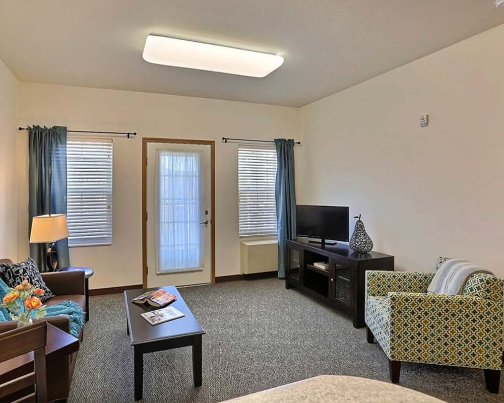 Resident apartment with large windows at Milestone Senior Living Cross Plains in Cross Plains, Wisconsin.