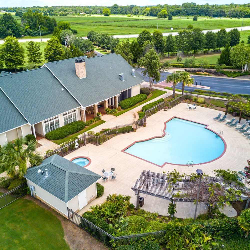 Aerial view of clubhouse and swimming pool at Verandas at Mitylene in Montgomery, Alabama