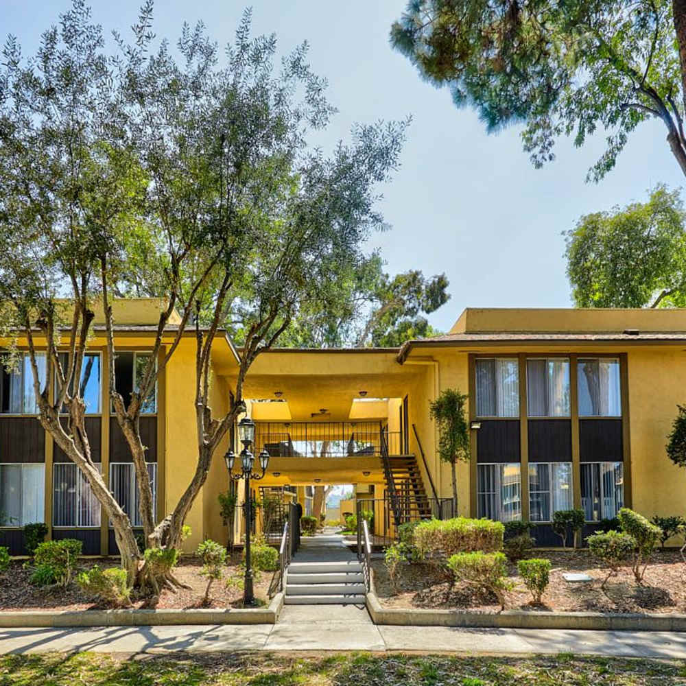 Exterior view of community apartment at Las Lomas Gardens in La Habra, California
