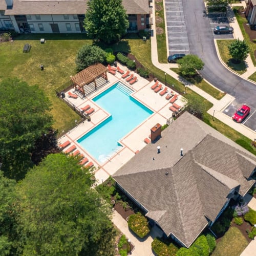 Aerial view of the pool at Orchard Village in Aurora, Illinois