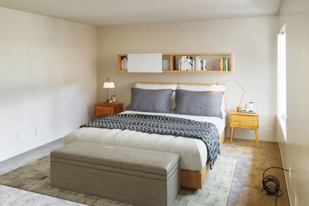 Model bedroom at Garden Court in Alameda, California