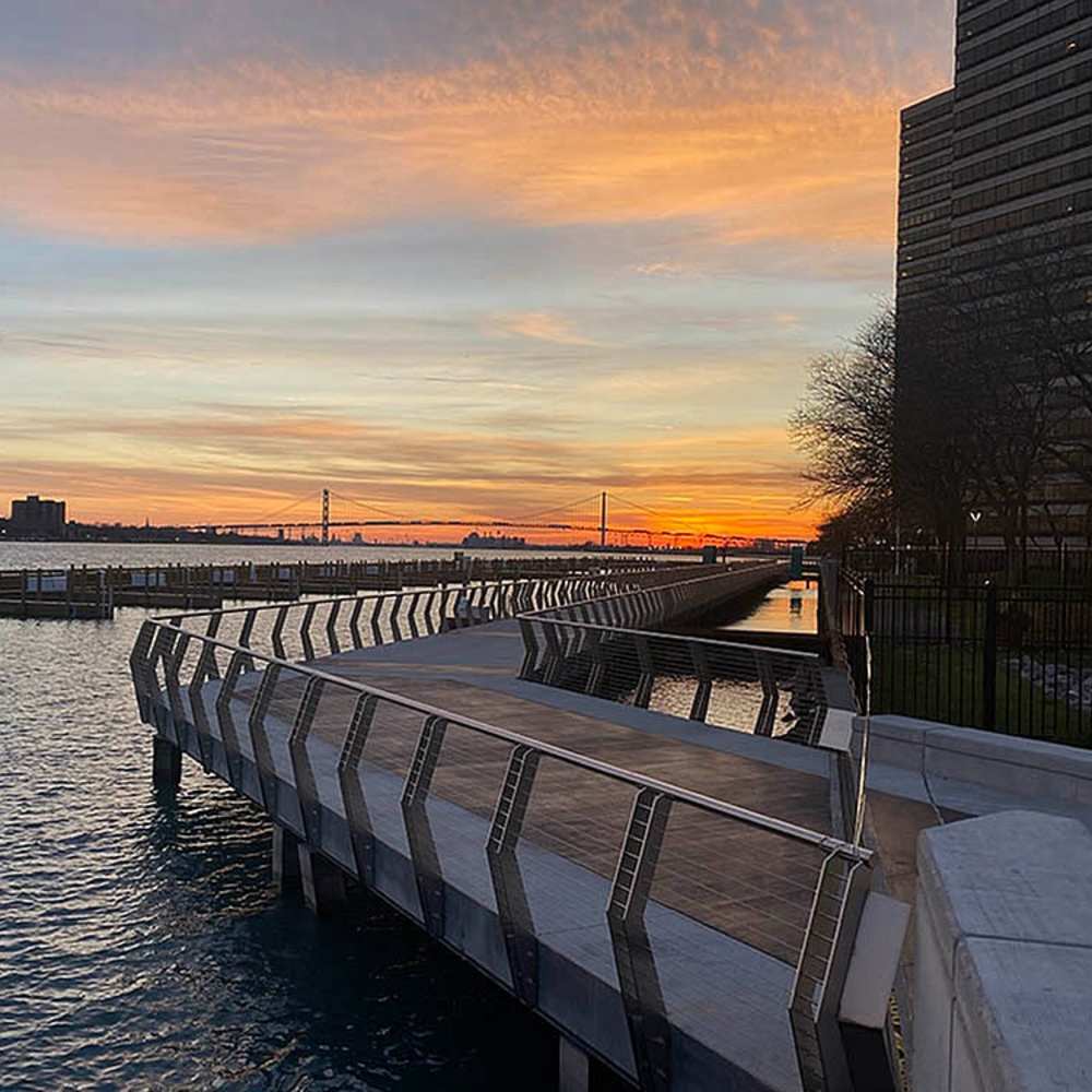 Walking trail near the harbour at Riverfront Towers in Detroit, Michigan