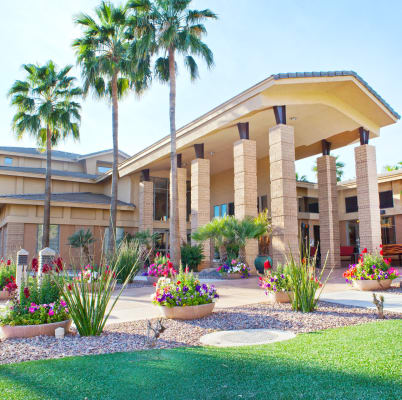 Well manicured landscaping near the entrance to McDowell Village in Scottsdale, Arizona