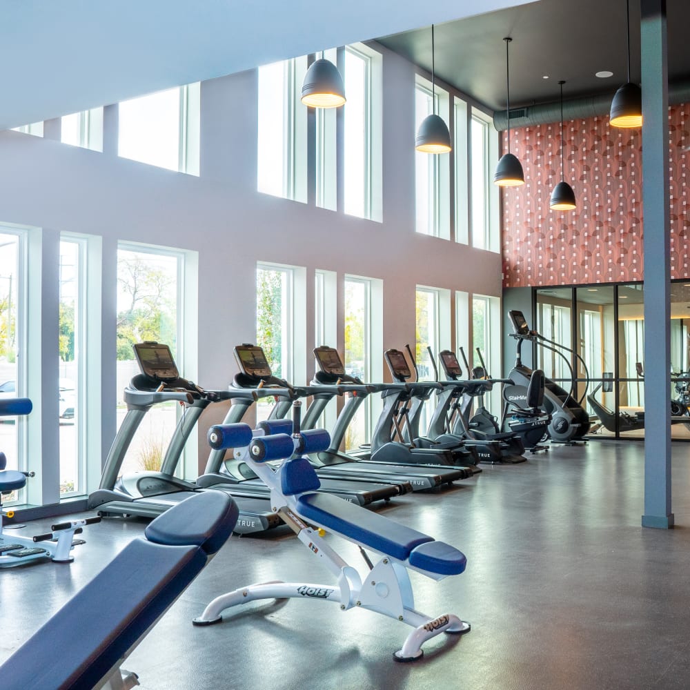 Full sized fitness center for residents at The Langford in Dallas, Texas