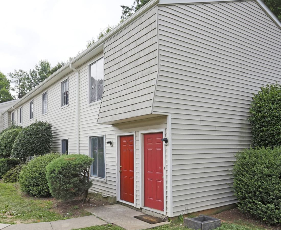 Red doors on an apartment building at Meadowbrook and Brookridge in Charlotte, North Carolina