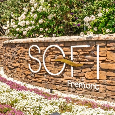 Our sign surrounded by flowers at the entrance to Sofi Fremont in Fremont, California