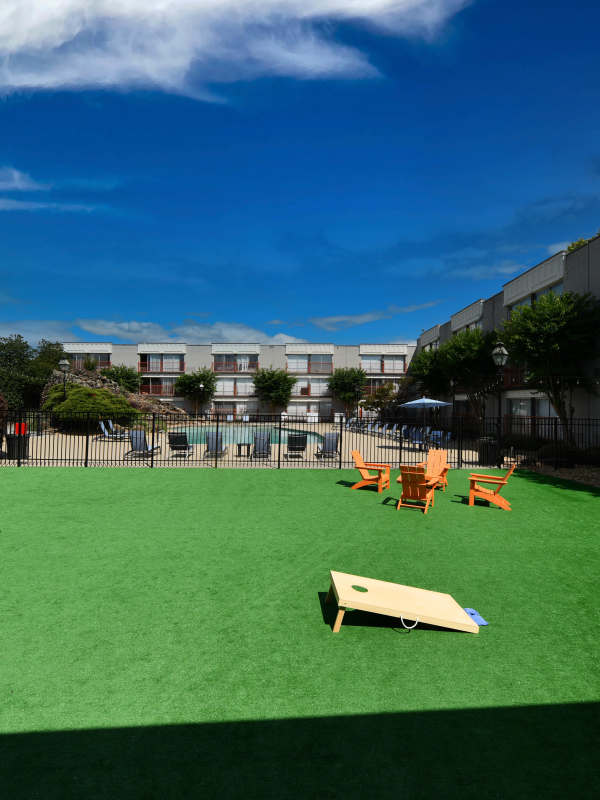 Community park with lounge beds at Passenger Flats in Chattanooga, Tennessee