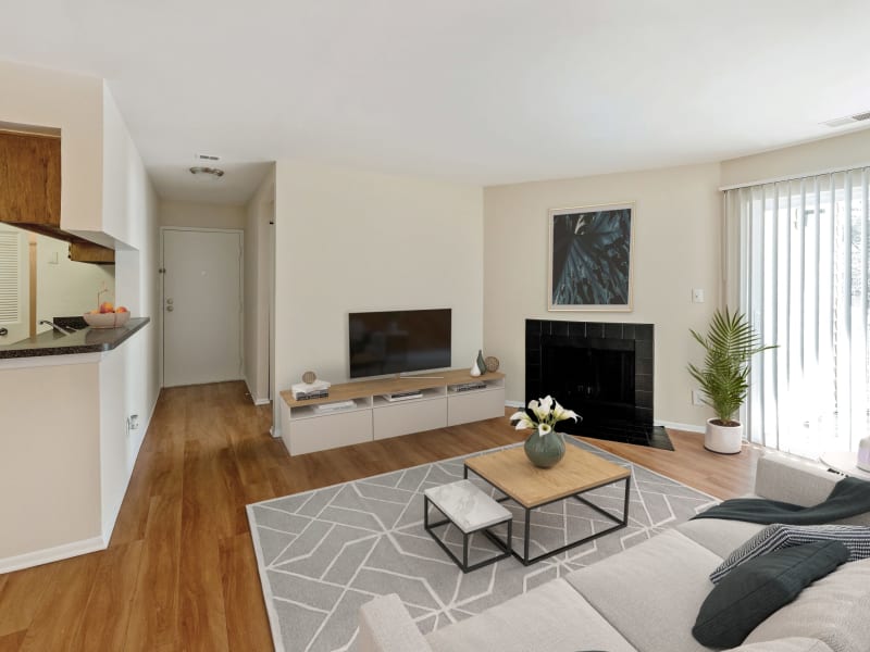 Well-furnished living room in a model apartment at Stonecreek Club in Germantown, Maryland