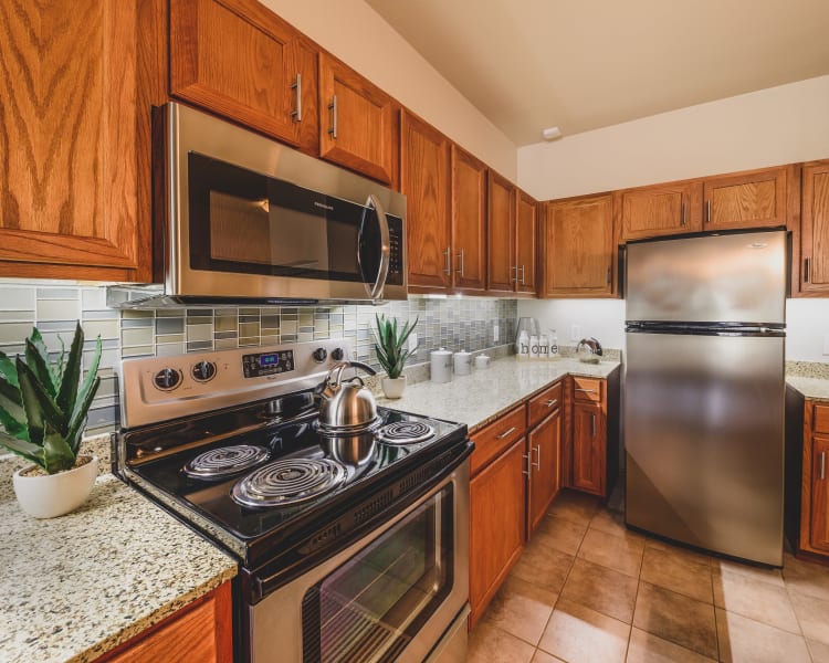 Dark wood cabinetry and stainless-steel appliances in model home at Evolv in Mansfield, Texas