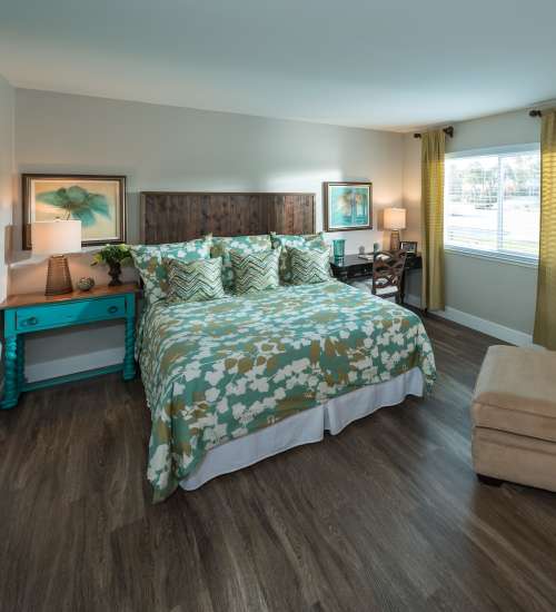 model unit bedroom at Harbor Cove Apartments in Foster City, California,