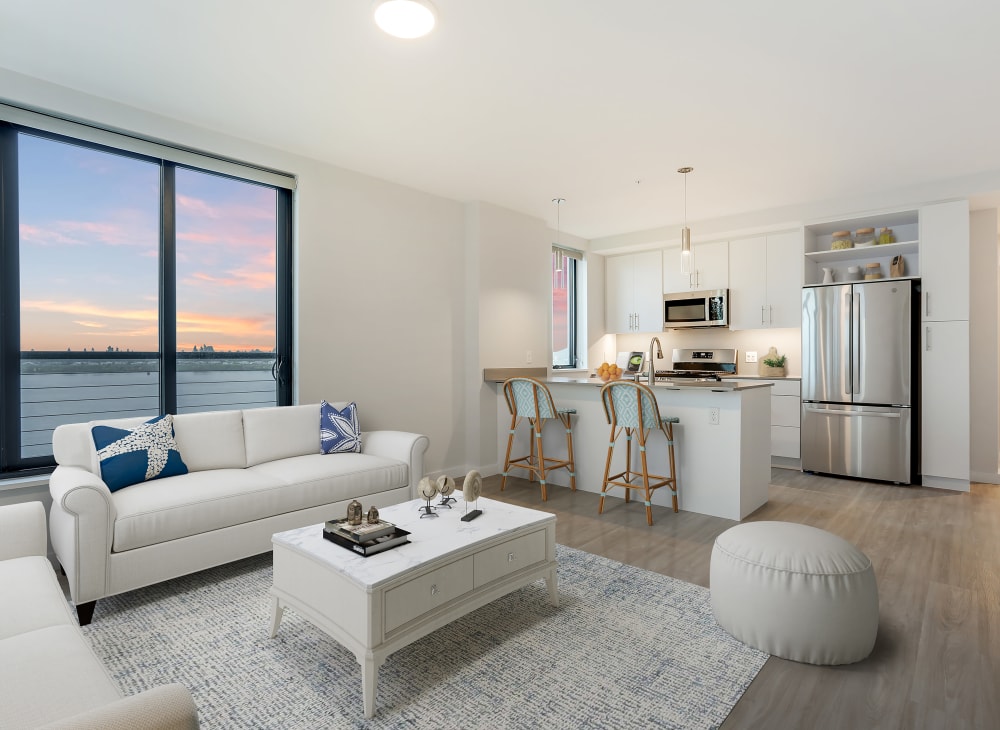 Luxury Kitchen and Living Room View  at The Columbia at the Waterfront in Vancouver, Washington