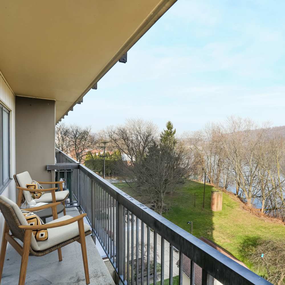 Balcony with furniture at Coraopolis Towers in Coraopolis, Pennsylvania