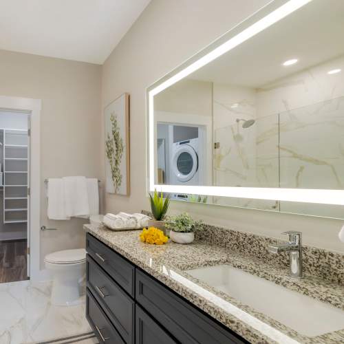 Bright bathroom at The Calvert in Charlotte, North Carolina