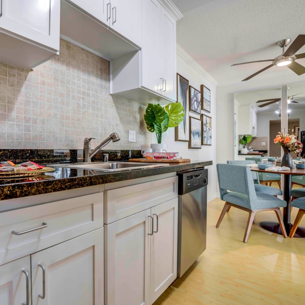 Recently renovated kitchen with sleek black appliances in a model home at Sofi Redwood Park in Redwood City, California