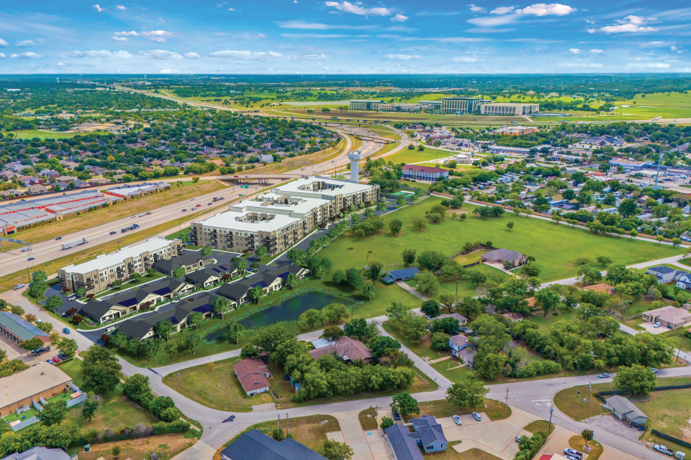Aerial view of Watermere on Oak Street in Roanoke, Texas