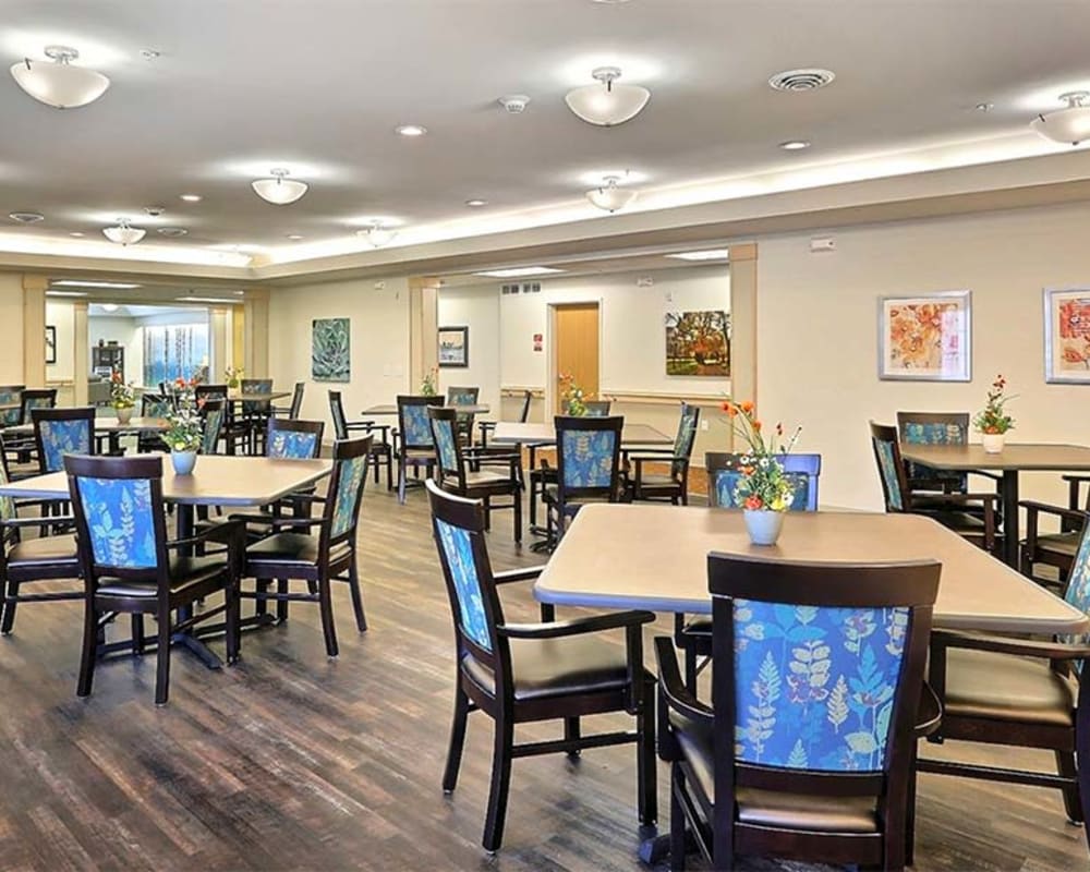 Bright resident dining room at Milestone Senior Living Stoughton in Stoughton, Wisconsin.