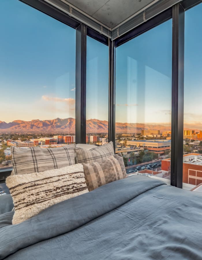 Model student apartment's bedroom with stunning views at Sol y Luna in Tucson, Arizona