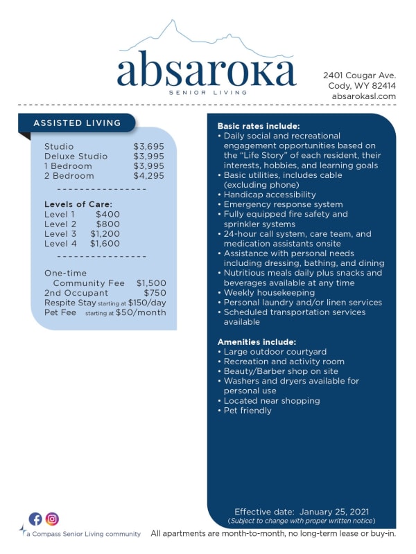 rates chart at Absaroka Senior Living in Cody