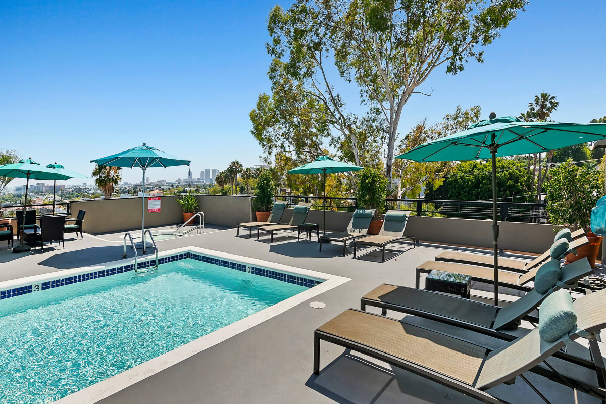 Pool with lounge chairs and umbrellas at Ascent, West Hollywood, California