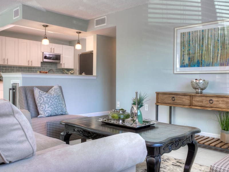 Decorated living room in model home at El Mar in North Redington Beach, Florida