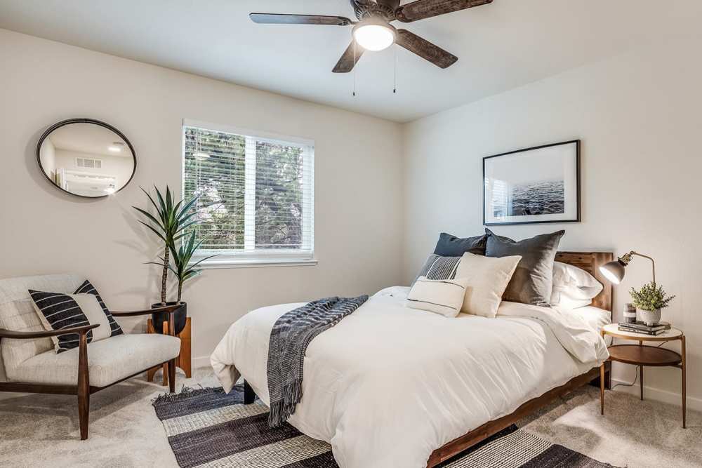 Modern bedroom at Trails at 2112 in Modesto, California.