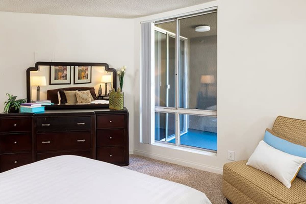 Model bedroom at The Ruby Hollywood, Los Angeles, California