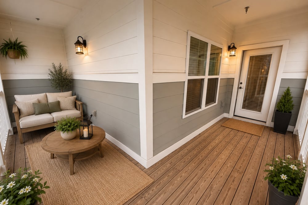 Oversized patio with furniture at Crescent Park Commons in Greer, South Carolina
