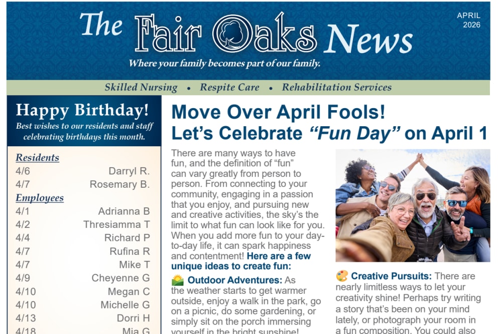 April 2026 Newsletter at Fair Oaks Health Care Center in Crystal Lake, Illinois