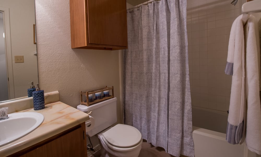 Spacious and clean model bathroom at Sunchase Apartments in Tulsa, Oklahoma