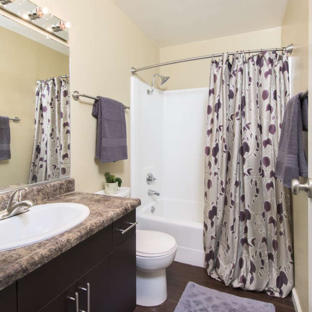 Bathroom with bath tub at Village Green Apartments in San Jose, California
