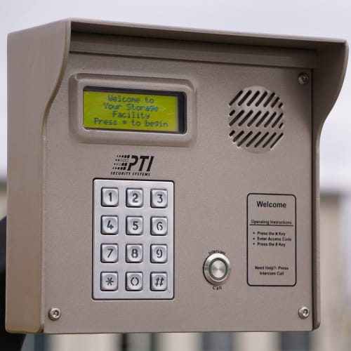 A keypad at the gate of Red Dot Storage in Mandeville, Louisiana