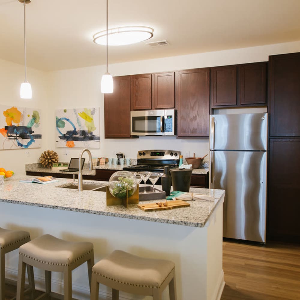 Modern kitchen with stainless-steel appliances and island at Beacon on 5th in Charlottesville, Virginia