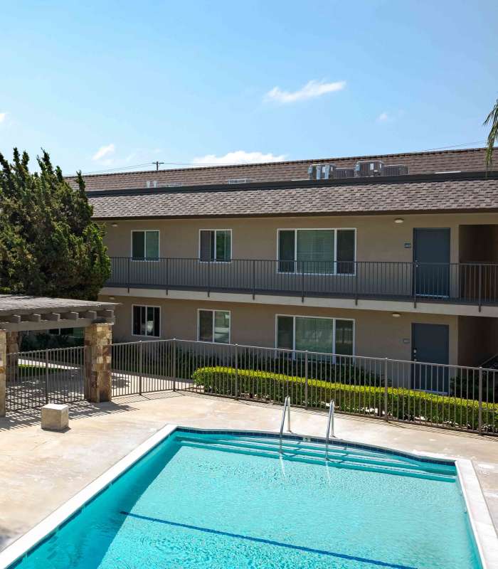 Sparkling swimming pool at Chatham Village in Tustin, California