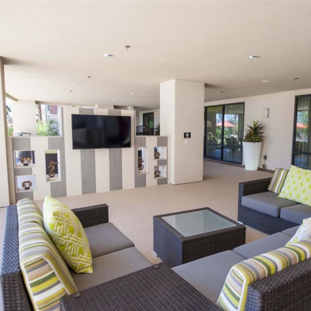 Covered outdoor lounge at Imperial Lofts in Sugar Land, Texas