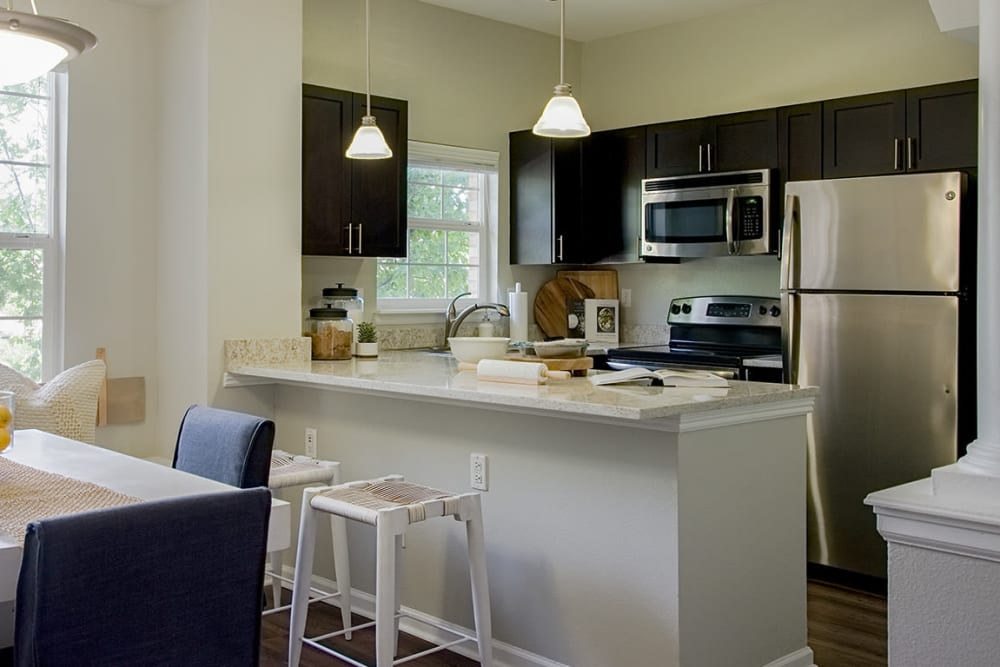 Beautiful, gourmet kitchen in a model home at Isabella Apartment Homes in Greenwood Village, Colorado