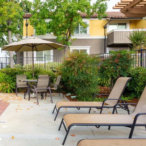 Lounge chairs and patio table with umbrella by the swimming pool at Peppertree Apartments in San Jose, California